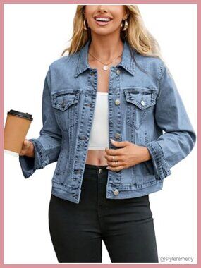 Womens Denim Jacket Trendy Long Sleeve Button Down Fitted Western Coat with